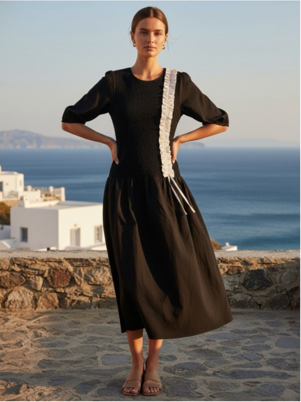 OperaSPORT Free People Sabine Smocked Black Organic Cotton Midi Dress Size S